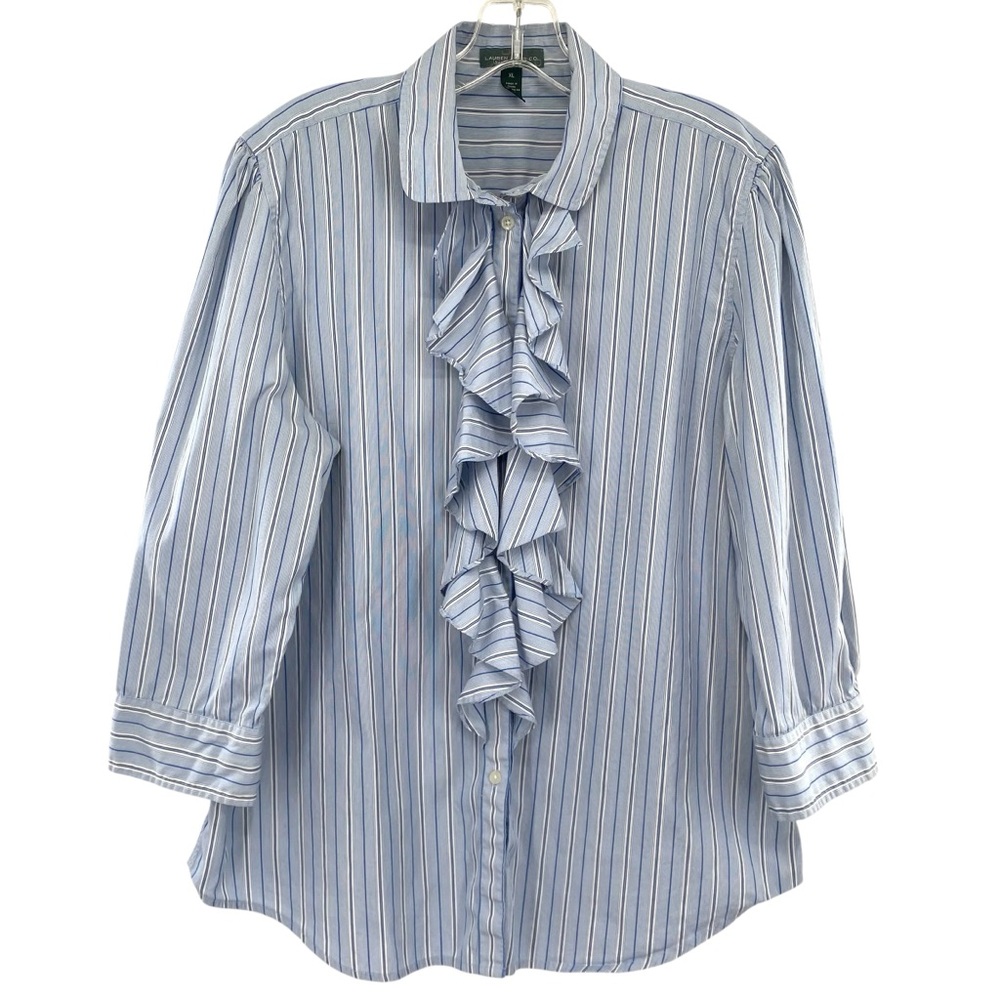 Lauren Ralph Lauren Women's Ruffle Front Button Up Shirt Cotton